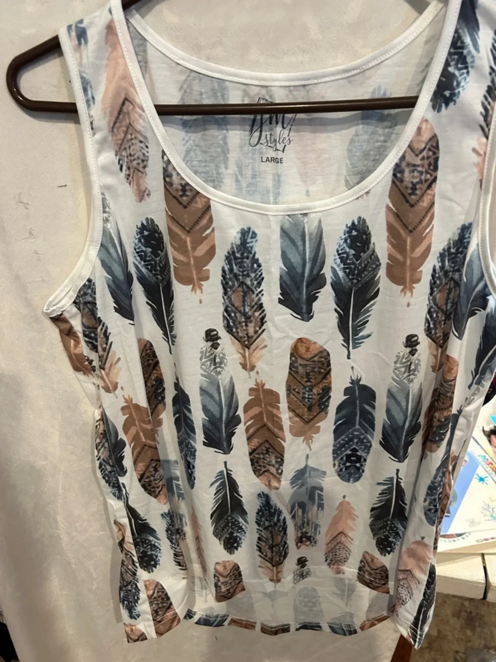 Women's Feather Print Tank Top - White, Blue & Brown - Picture 2 of 5